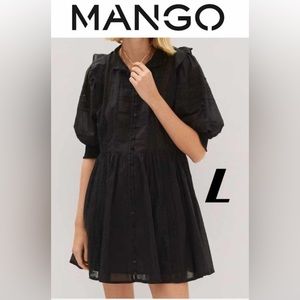 Mango - Women's Puff-Sleeved Embroidered Dress - Black. Size: L